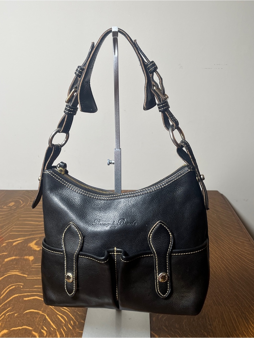 Dooney & Bourke Black Leather Hobo Shoulder Bag with Contrast Stitching